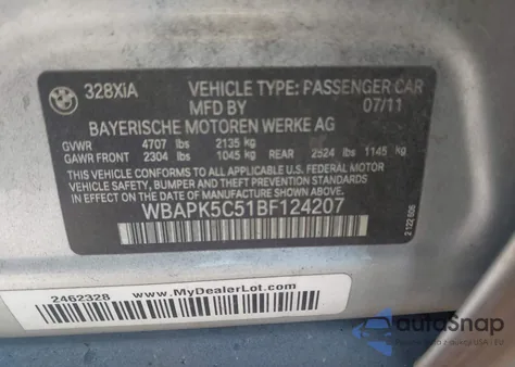 2011 BMW 328I xDrive из США, поврежденный, VIN WBAPK5C51BF124207